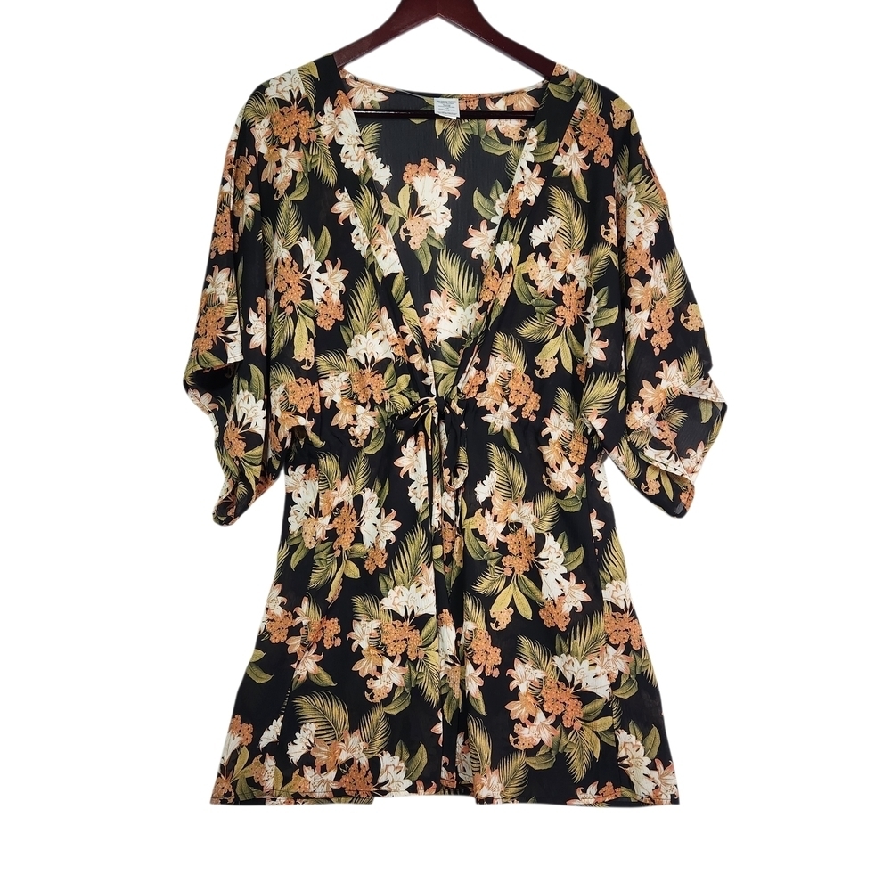 Tropical Floral Kimono Cover Up with Tie Front S/M Resort Wear Beach Vacation